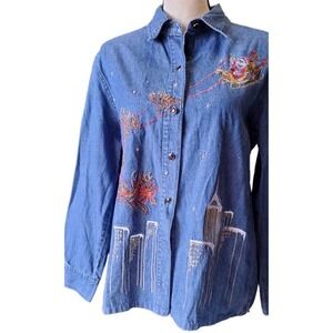Vintage 90's Christmas Slay santa Denim jean Holiday size small party Casual